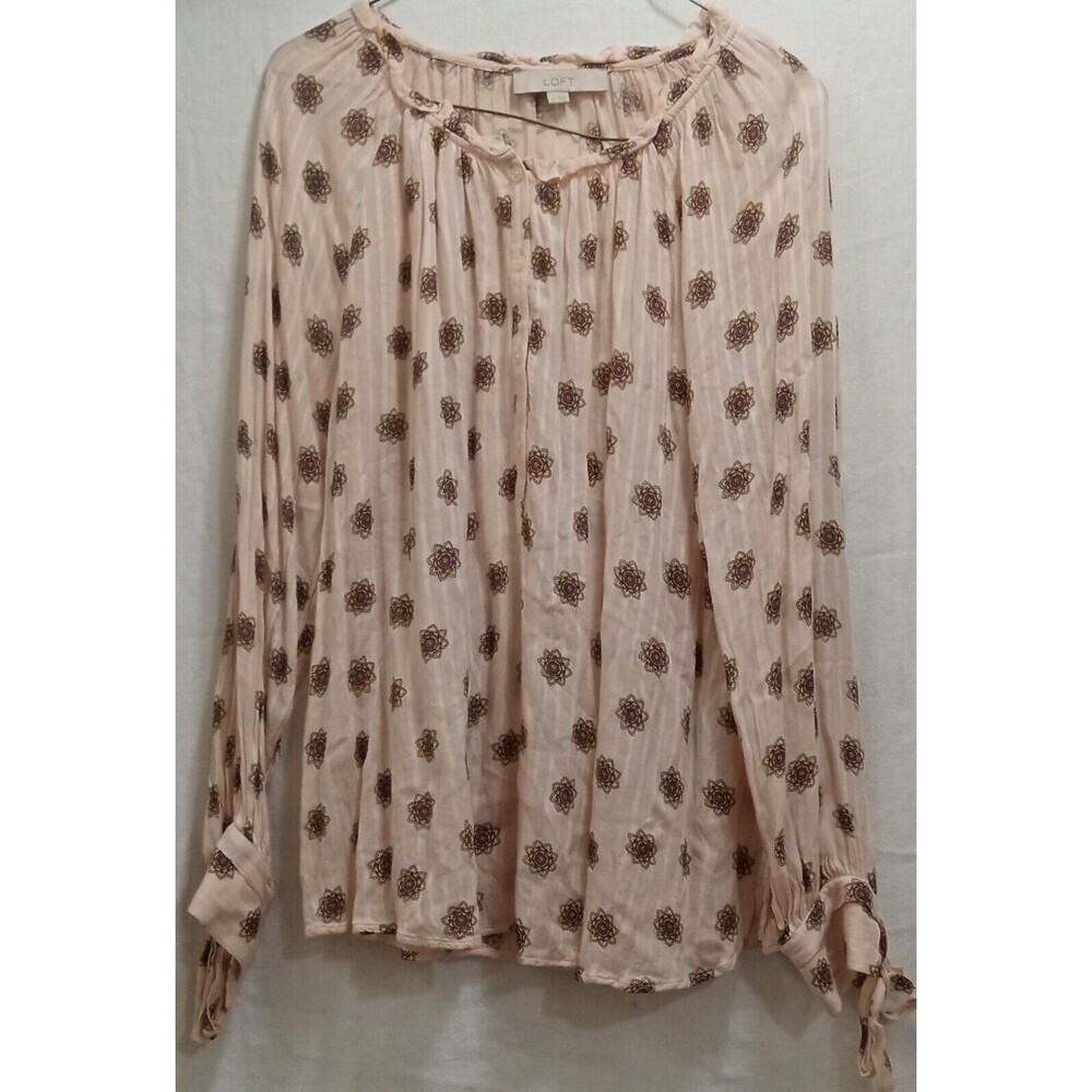 LOFT Women's Pink Striped Long Sleeve Henley Tie Sleeve Pattern Blouse Small EUC